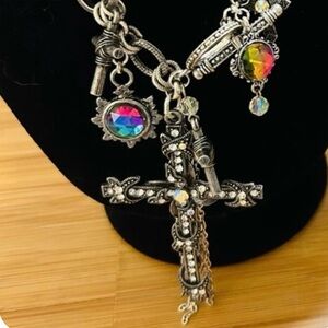 Gothic Cross Charm Necklace Chunky Silver Tone Rhinestone Statement
